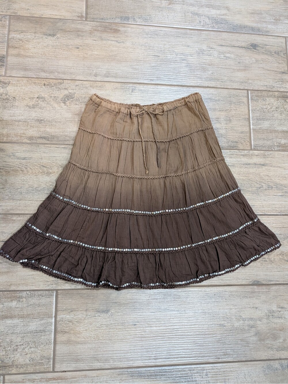 Vintage Y2K Fashion Bug Brown Ombre Tiered Skirt Cotton S Boho Fairy Sequin...